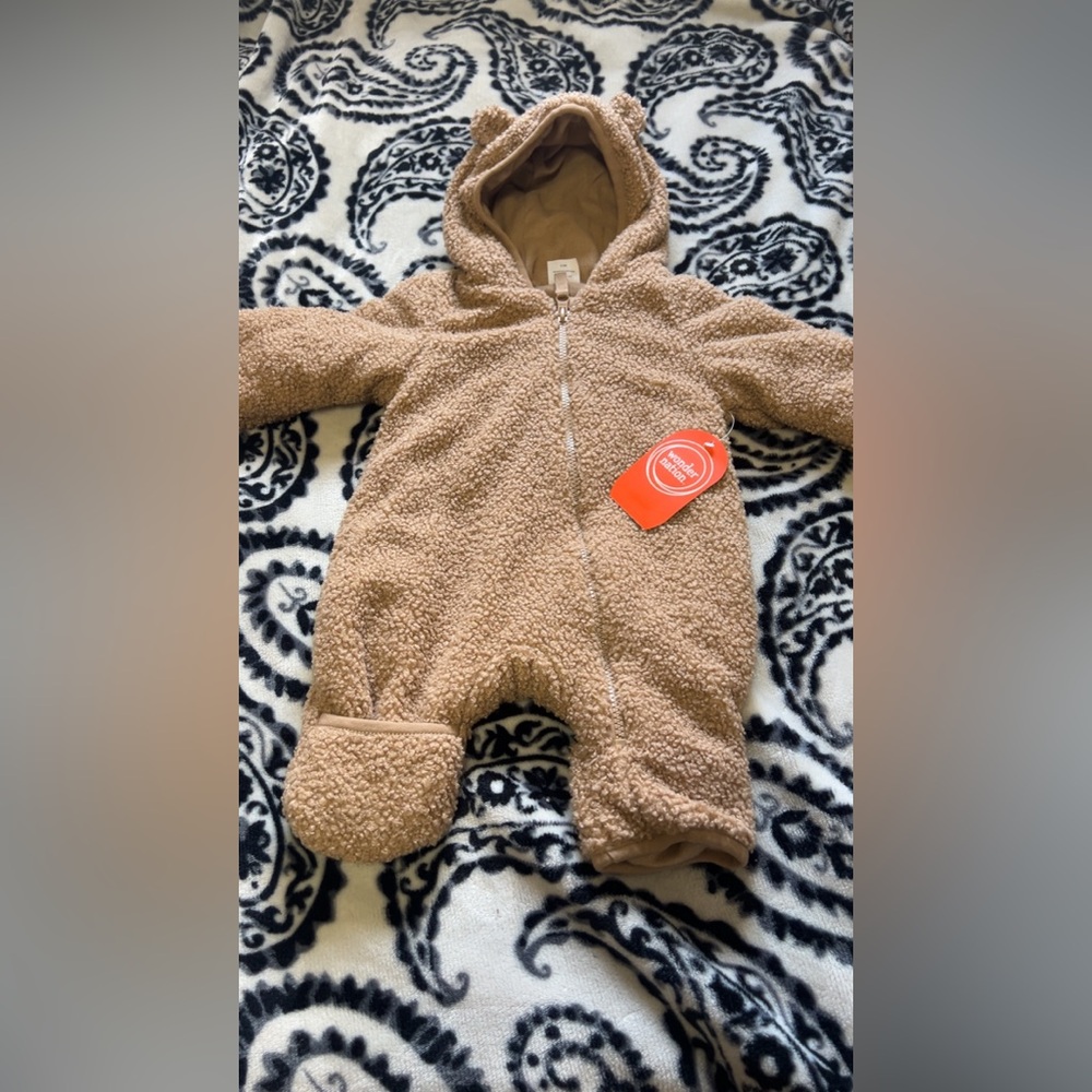 wonder nation Tan Teddy Fleece Hooded Baby One-Piece